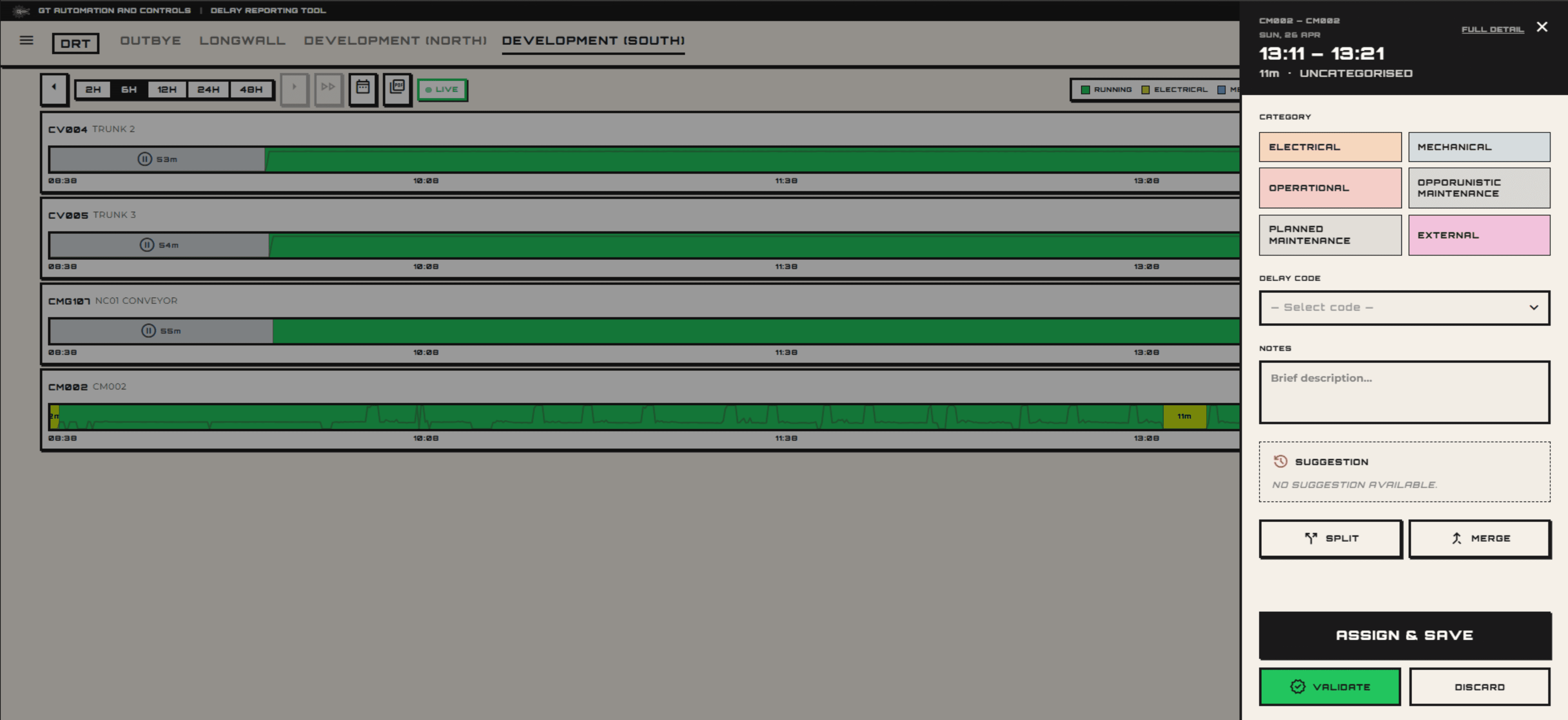 DRT Dashboard - light mode overview showing categorised delays across shift
